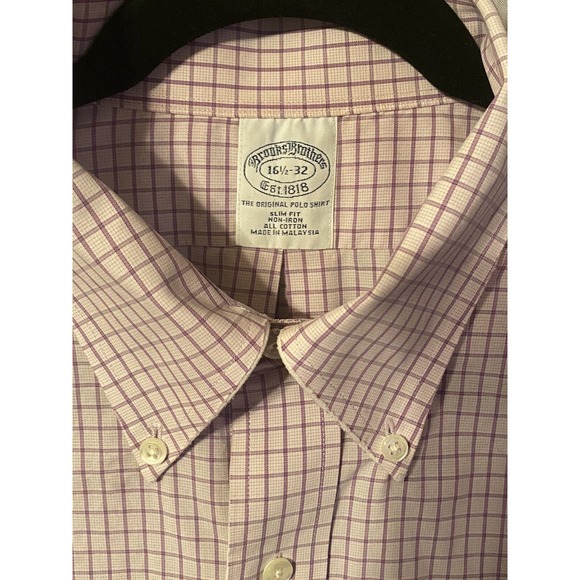 Brooks Brothers Shirt Mens XXL BUTTON DOWN Slim Fit Plaid Off White/PURPLE PLAID - Picture 7 of 11